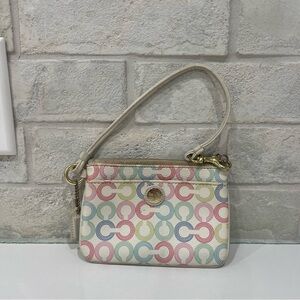 Coach Leather Monogram Multicolor Wristlet Mini Bag Purse Leather white